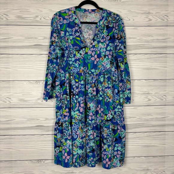 Lilly Pulitzer Aliana 3/4 Sleeve Blue Grotto Dress Twilight Tropics Size XL - Picture 3 of 9
